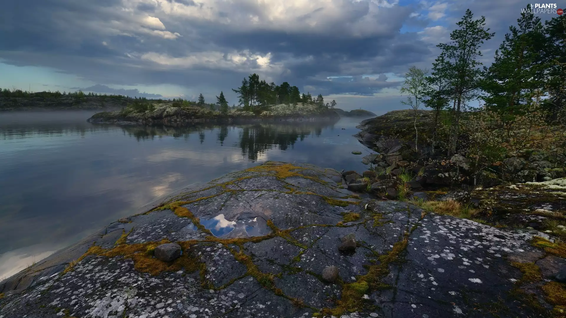 Sky, Russia, trees, viewes, rocks, Lake Ladoga