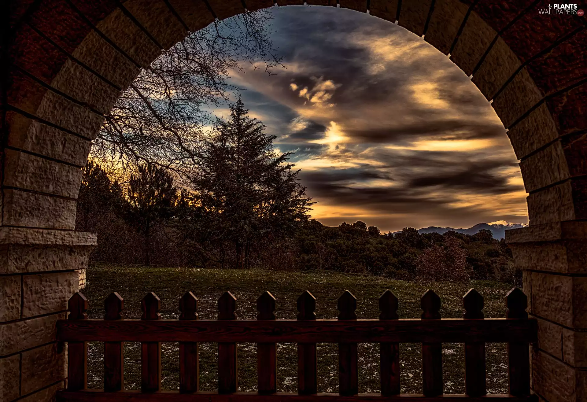 Hurdle, Sky, trees, clouds, Great Sunsets, wall, viewes