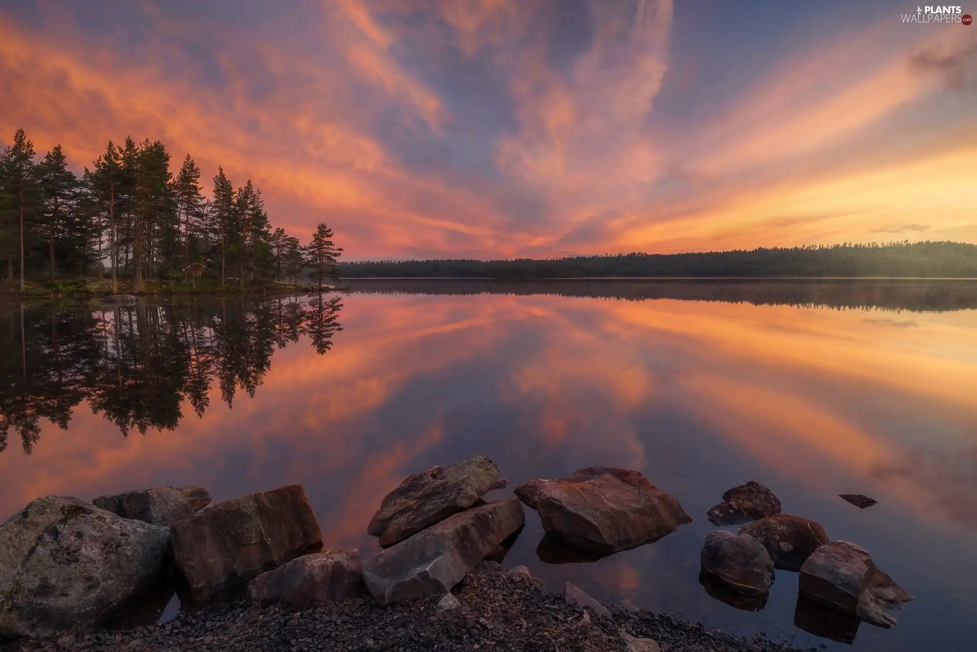 lake, Great Sunsets, viewes, Stones, trees