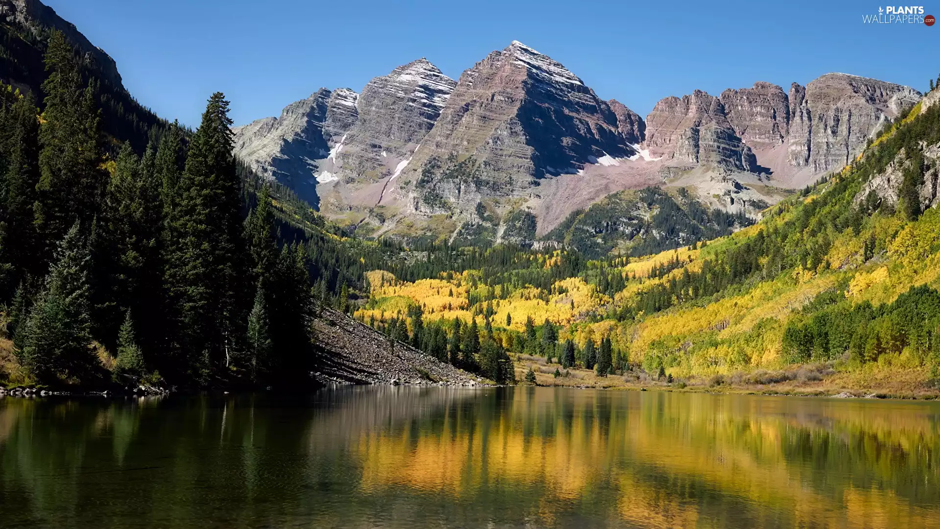 trees, rocky mountains, Maroon Bells Peaks, Colorado, trees, Maroon Lake, rocky mountains, The United States, viewes, viewes