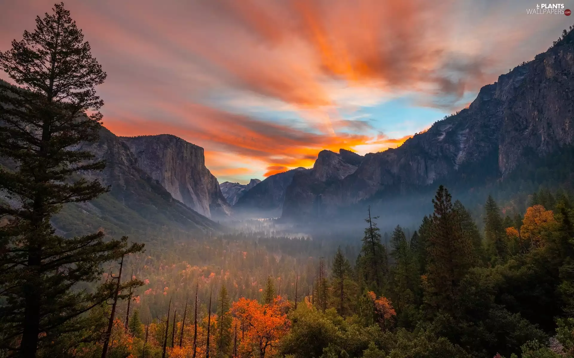 California, The United States, Yosemite National Park, Mountains, viewes, Great Sunsets, autumn, trees, Valley