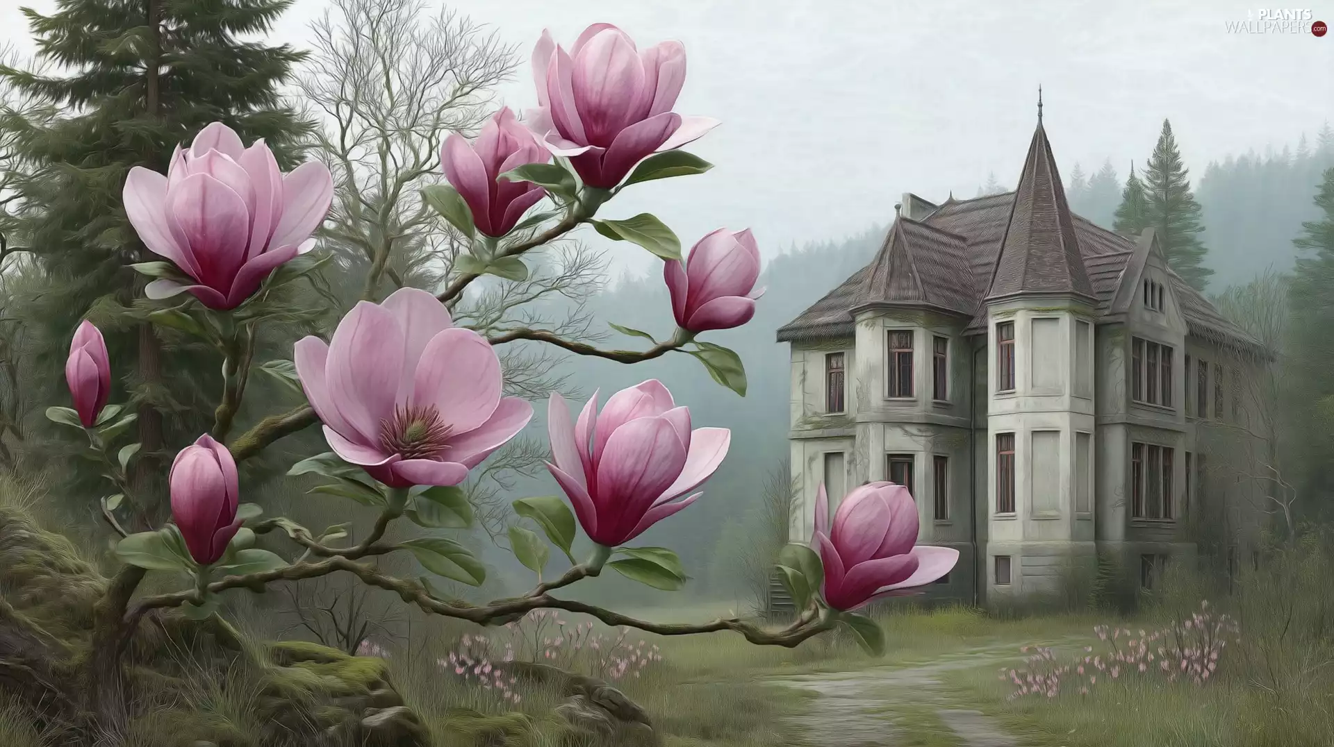 Magnolias, house, forest, villa