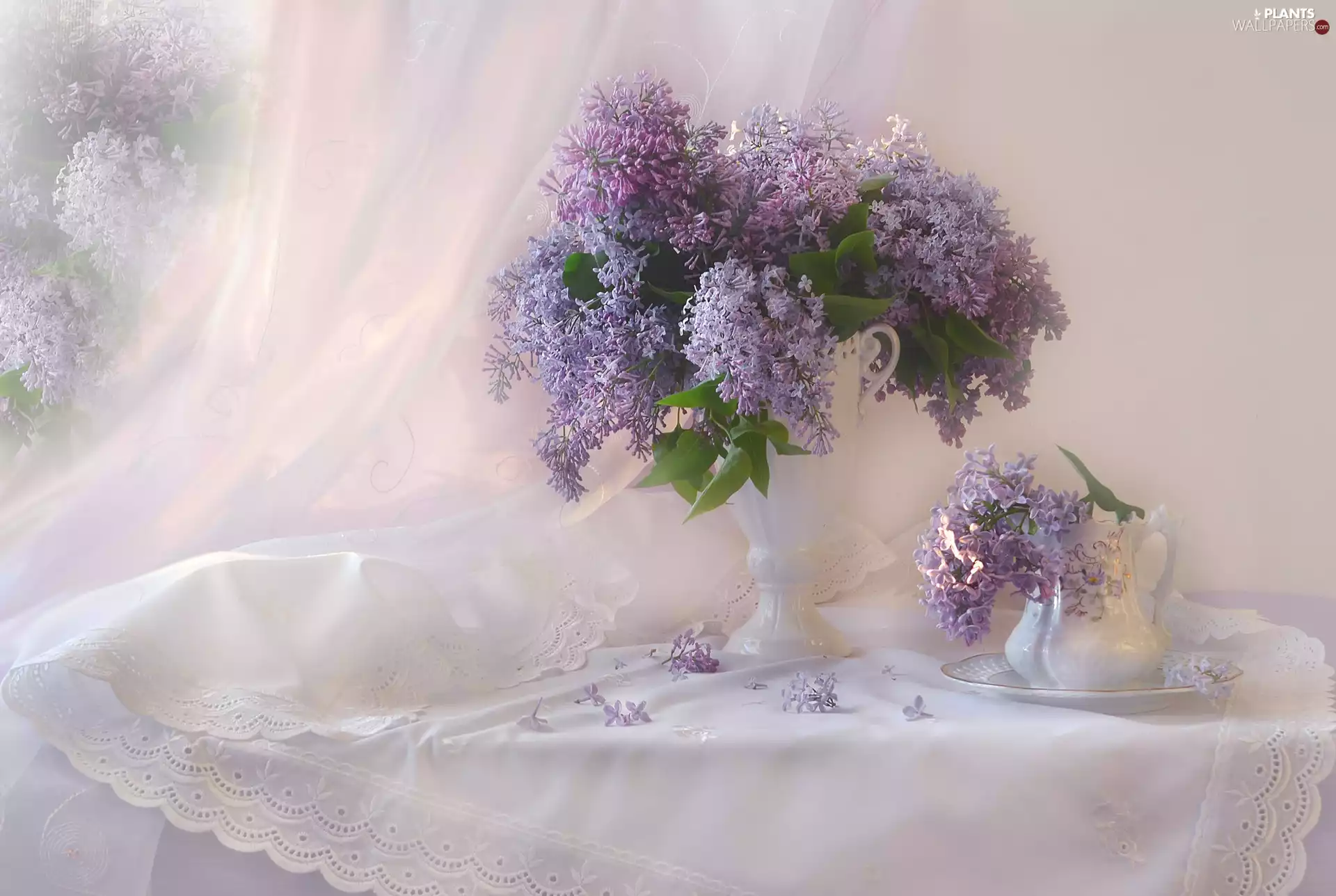 Violet, Flowers, Syringa, without, Window, composition, Vase, jug, bouquet