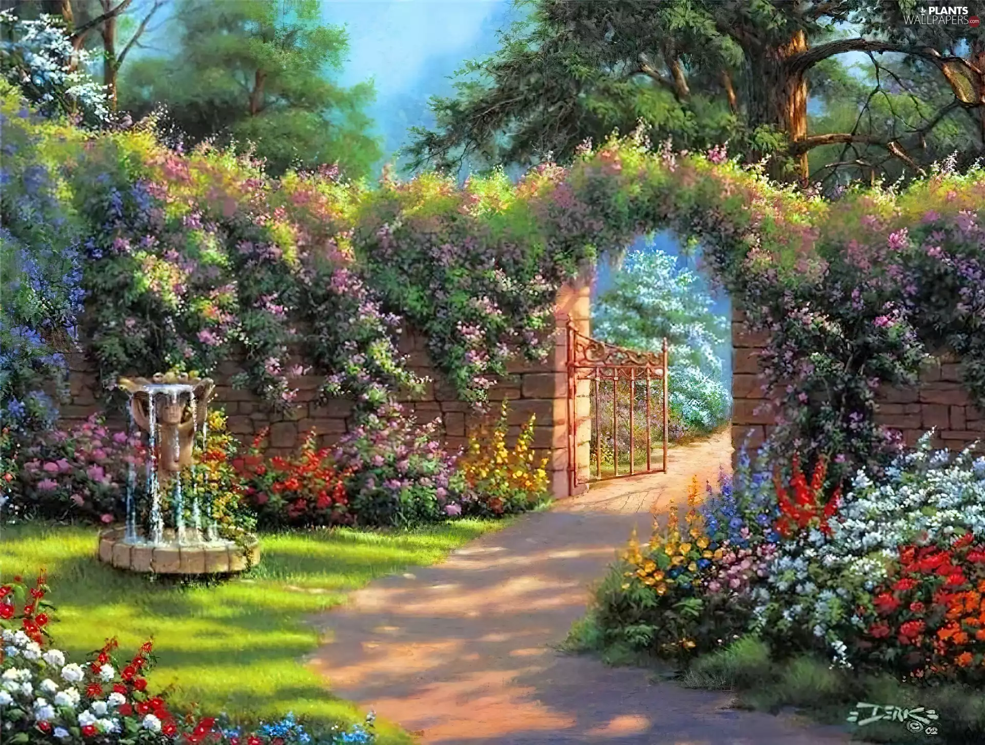 Garden, Gate, Flowers, wall