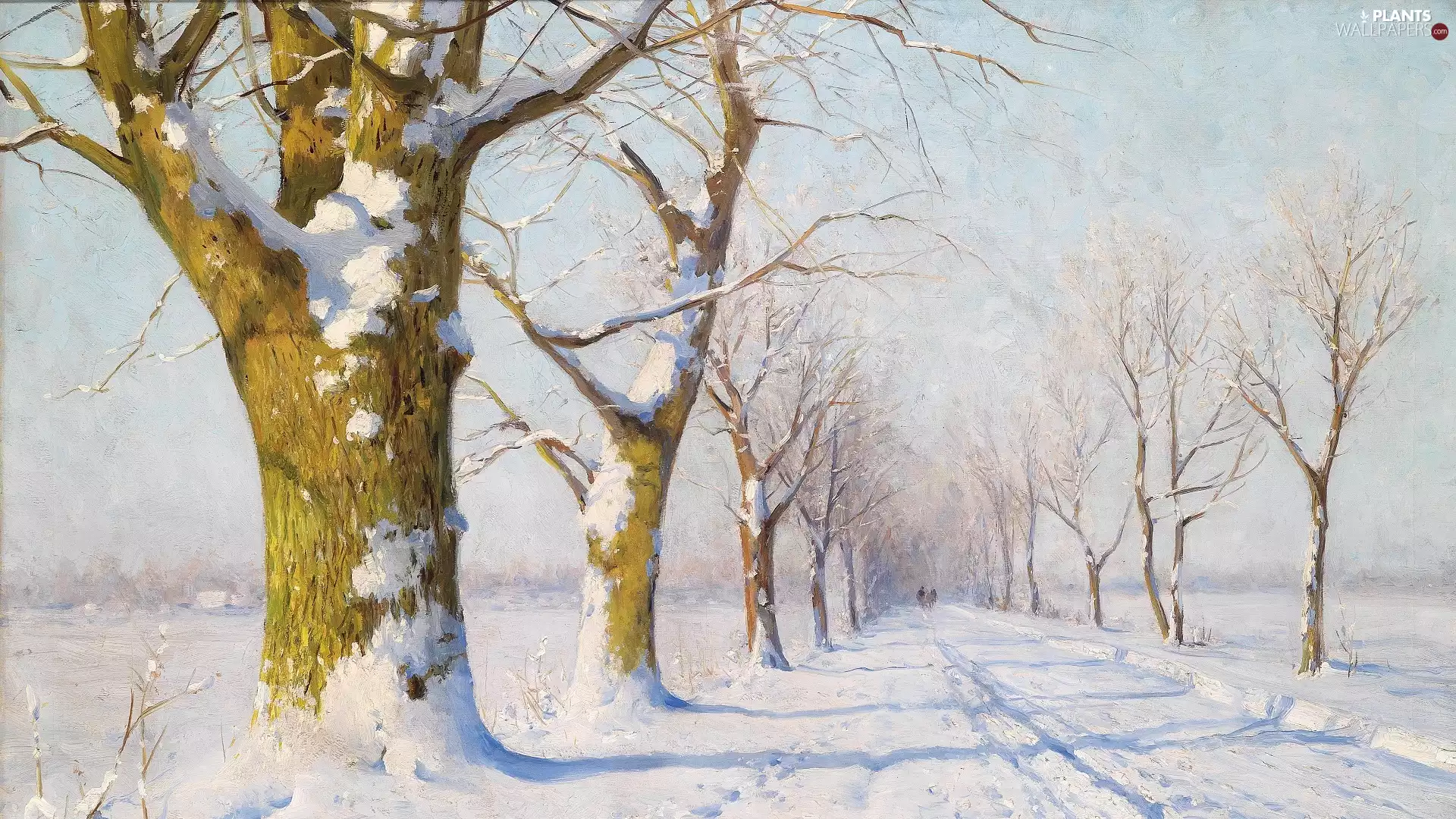 Walter Moras, painting, picture, winter, trees, viewes, Way, Snowy, field