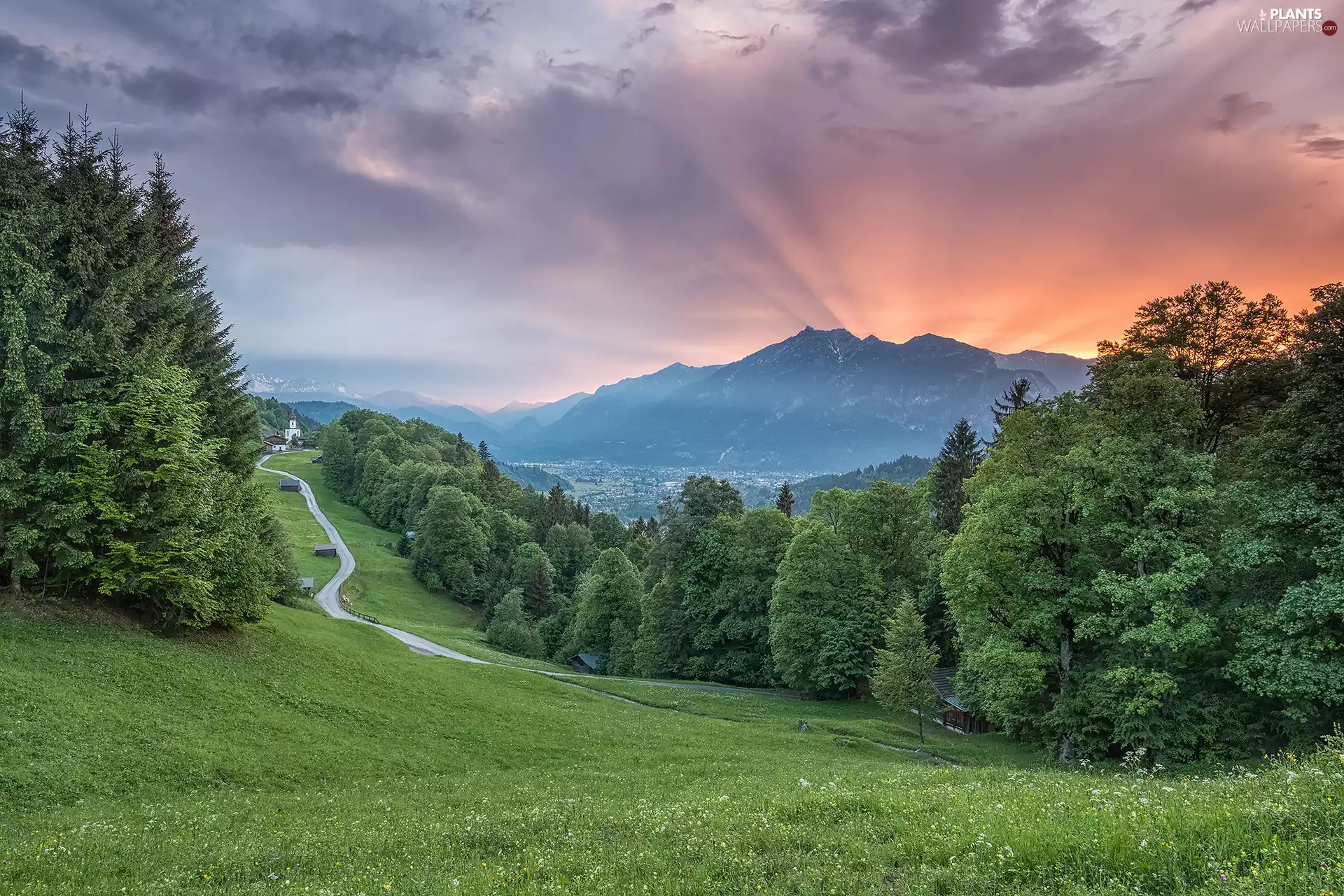 trees, Mountains, Way, Bavaria, Great Sunsets, Wamberg Village, The Hills, Germany, viewes, Church of Sts. Anna