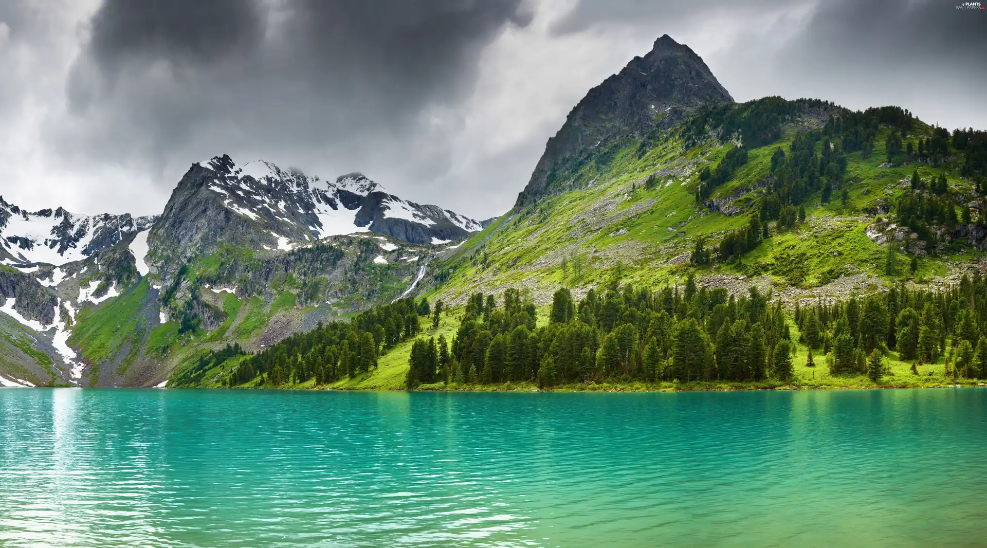 Mountains, blue, water, clouds