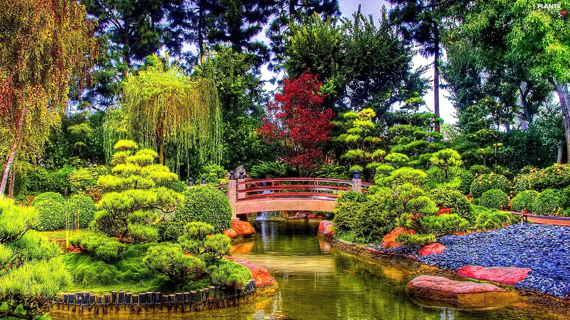 bridge, water, trees, viewes, Garden