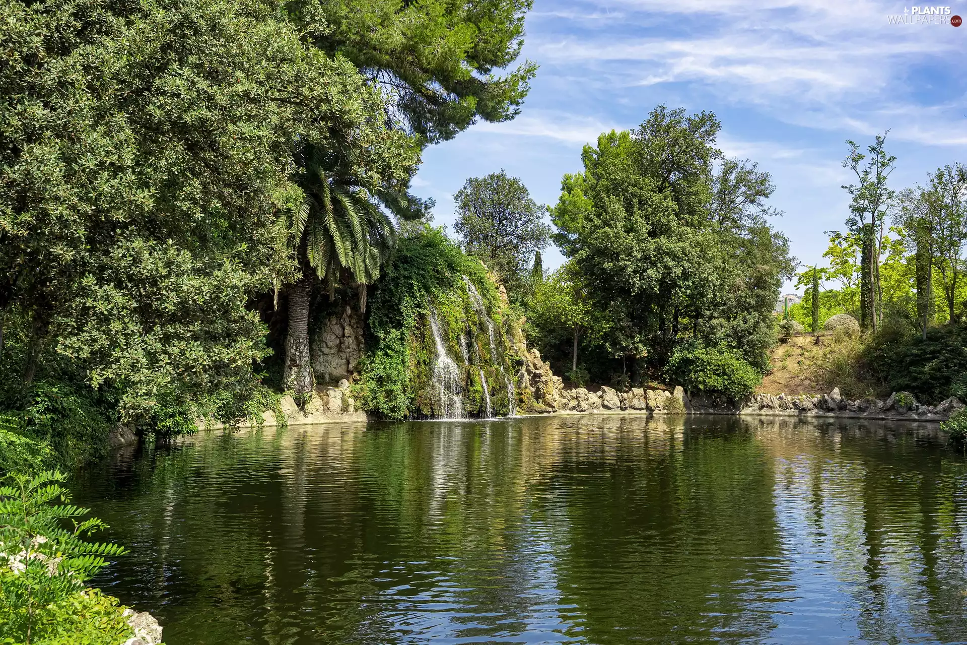 viewes, Pond - car, waterfall, Park, rocks, trees