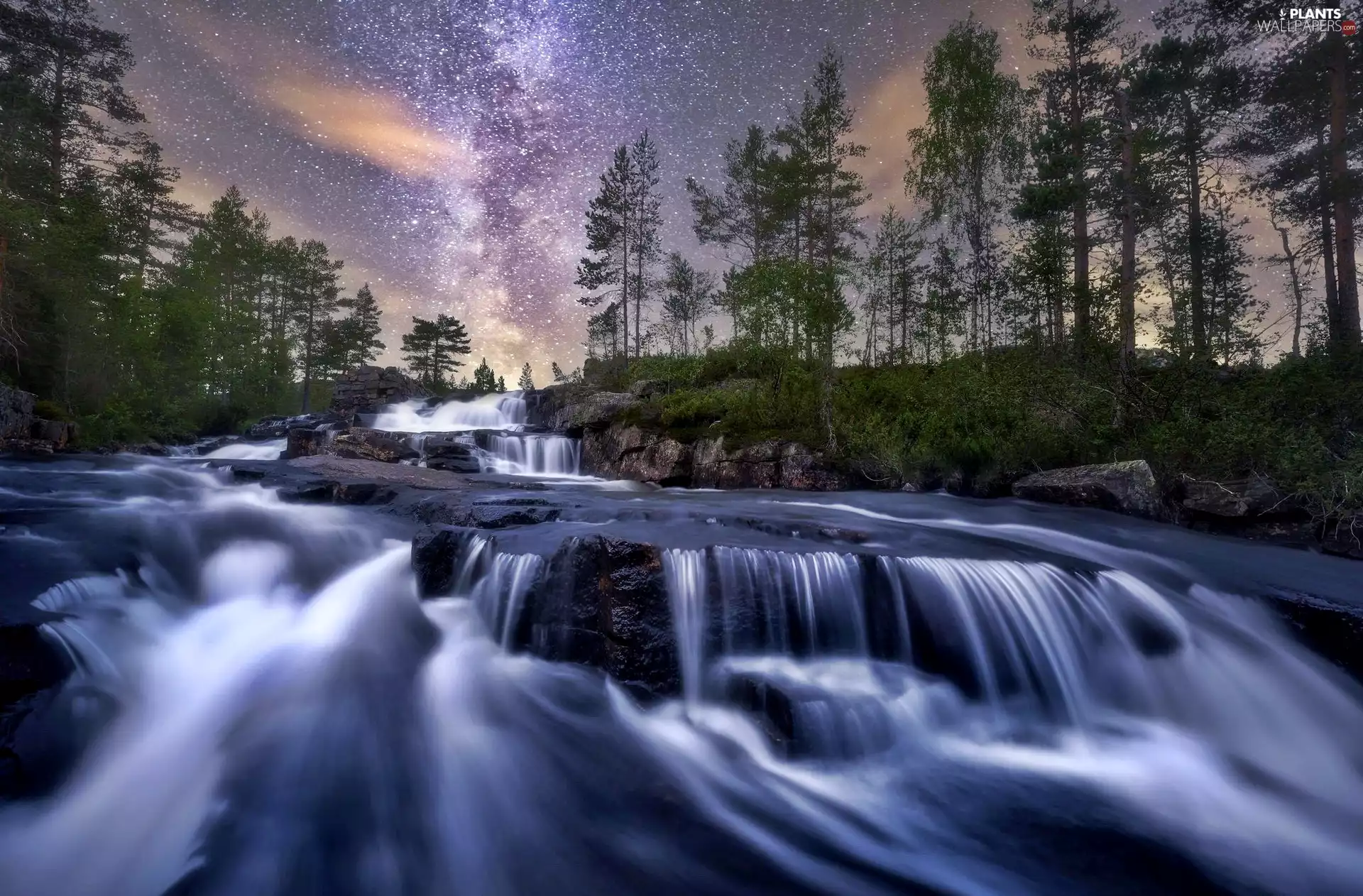 viewes, waterfall, River, trees, rocks