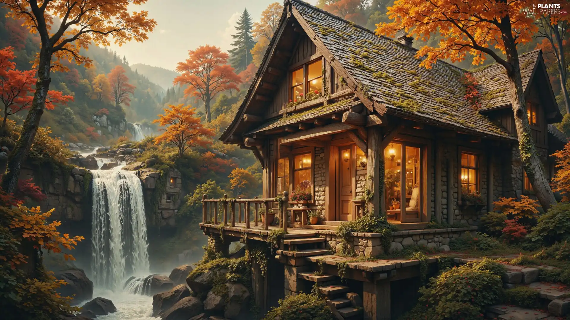 autumn, house, viewes, waterfall, trees, rocks