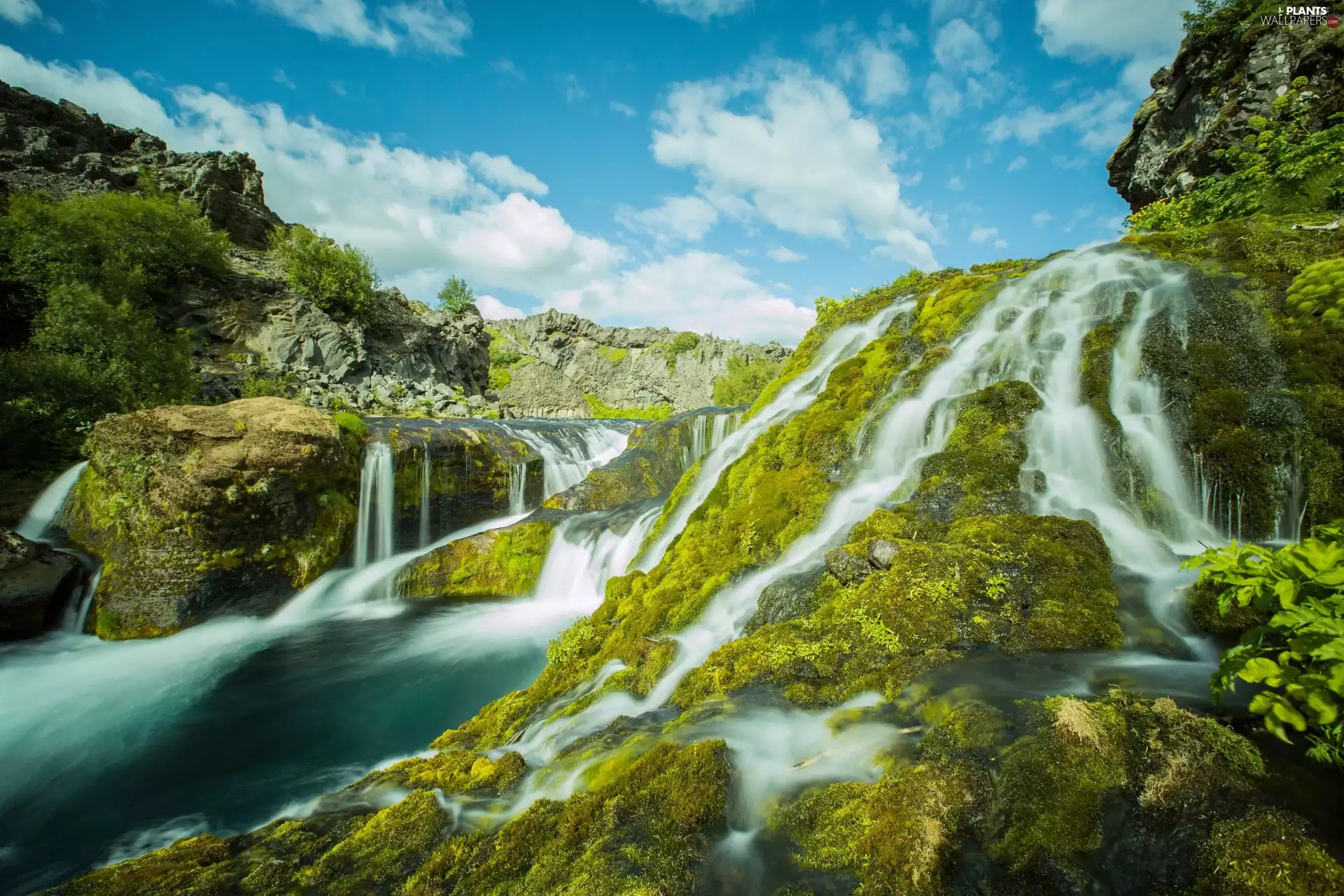 iceland, mossy, rocks, waterfalls