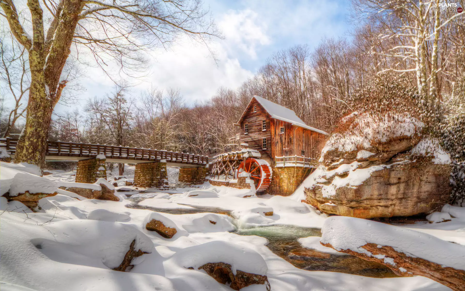 Stones, branch pics, Watermill, clouds, Sky, snow, viewes, winter, River, trees, bridge, forest