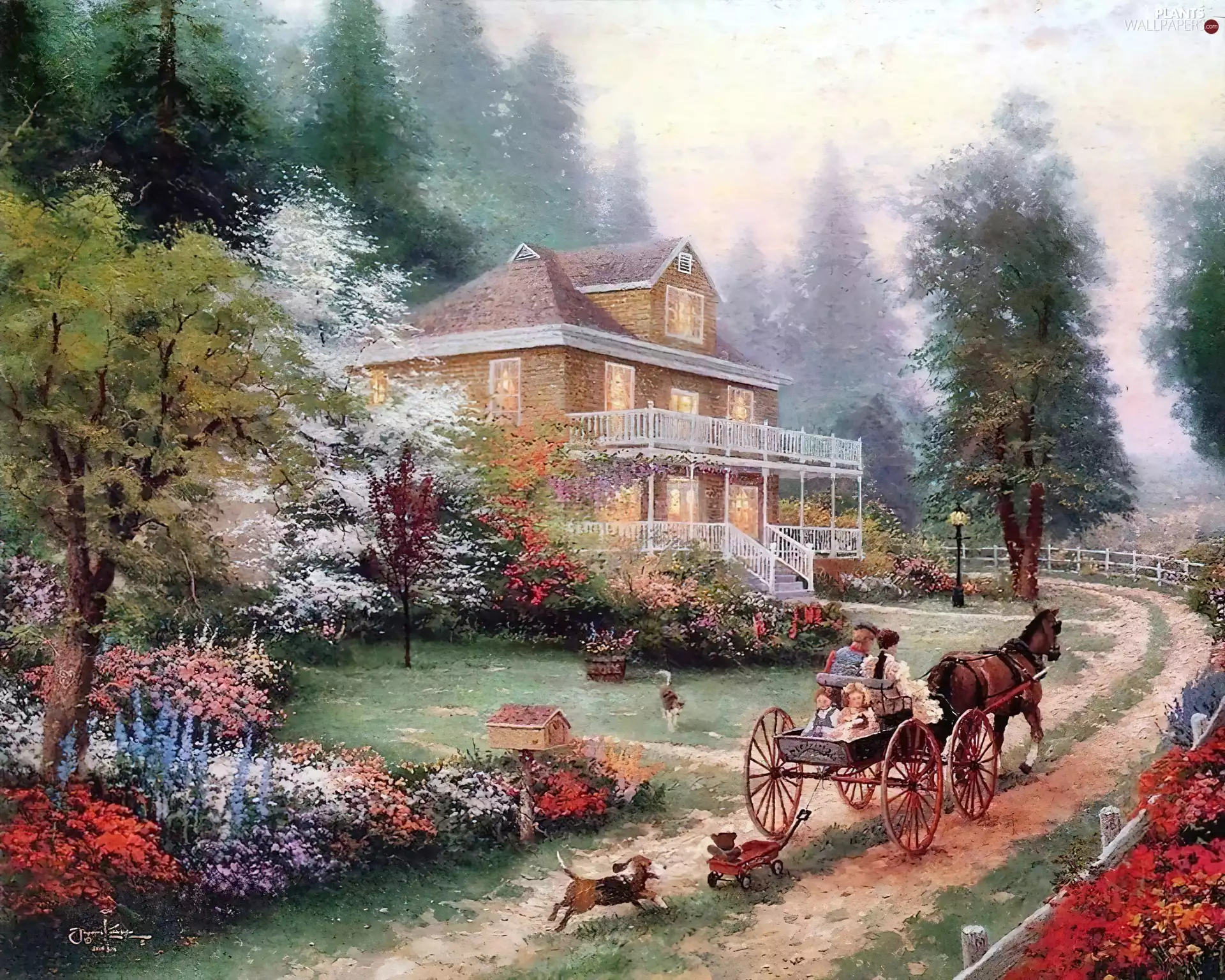 picture, Thomas Kinkade, Way, chaise, house