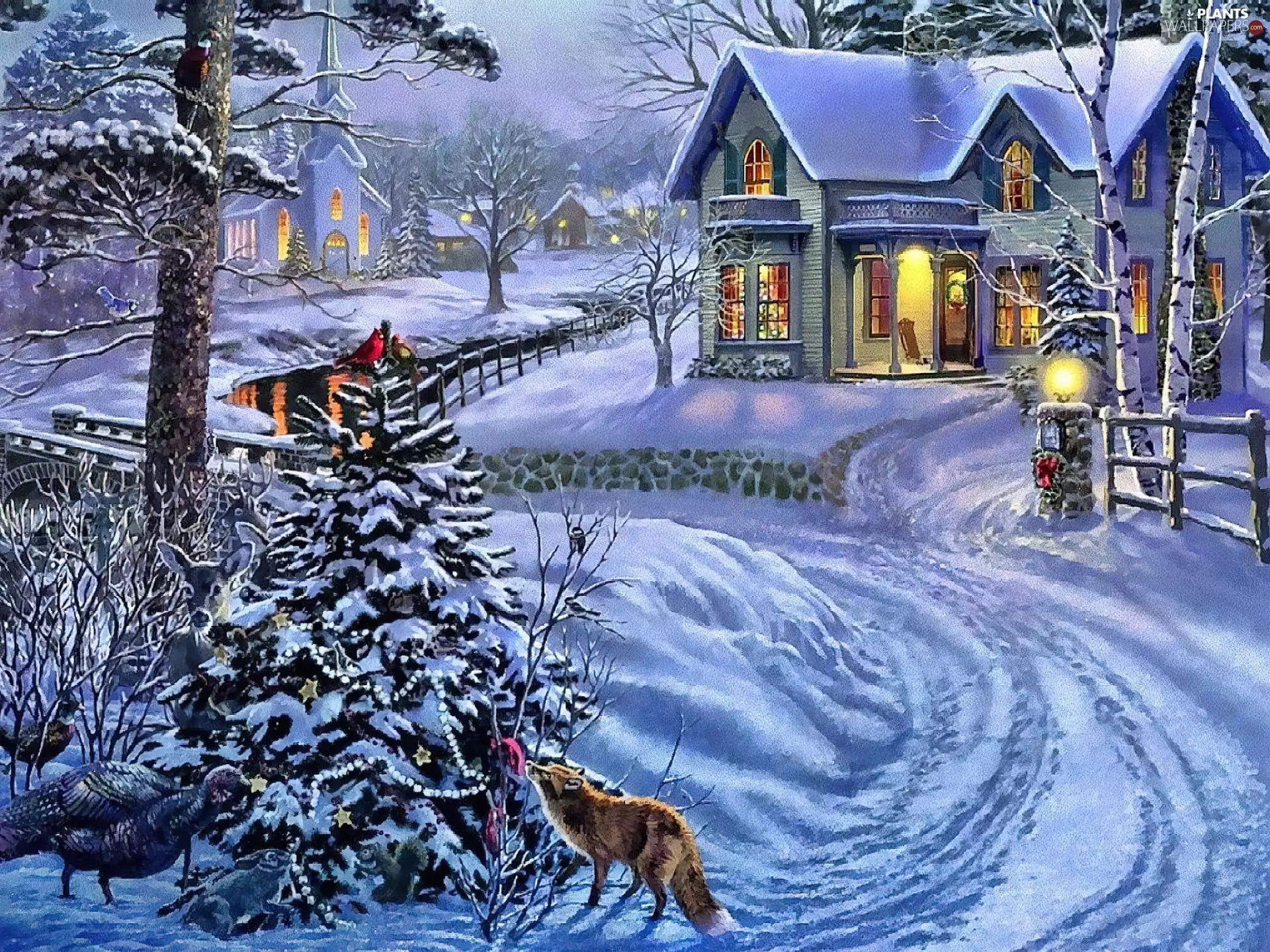 animals, christmas tree, Way, winter, house