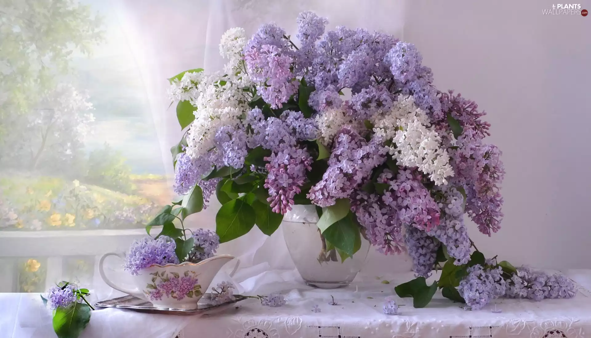 White, composition, lilac, without, dish, cloth, Vase, porcelain, bouquet