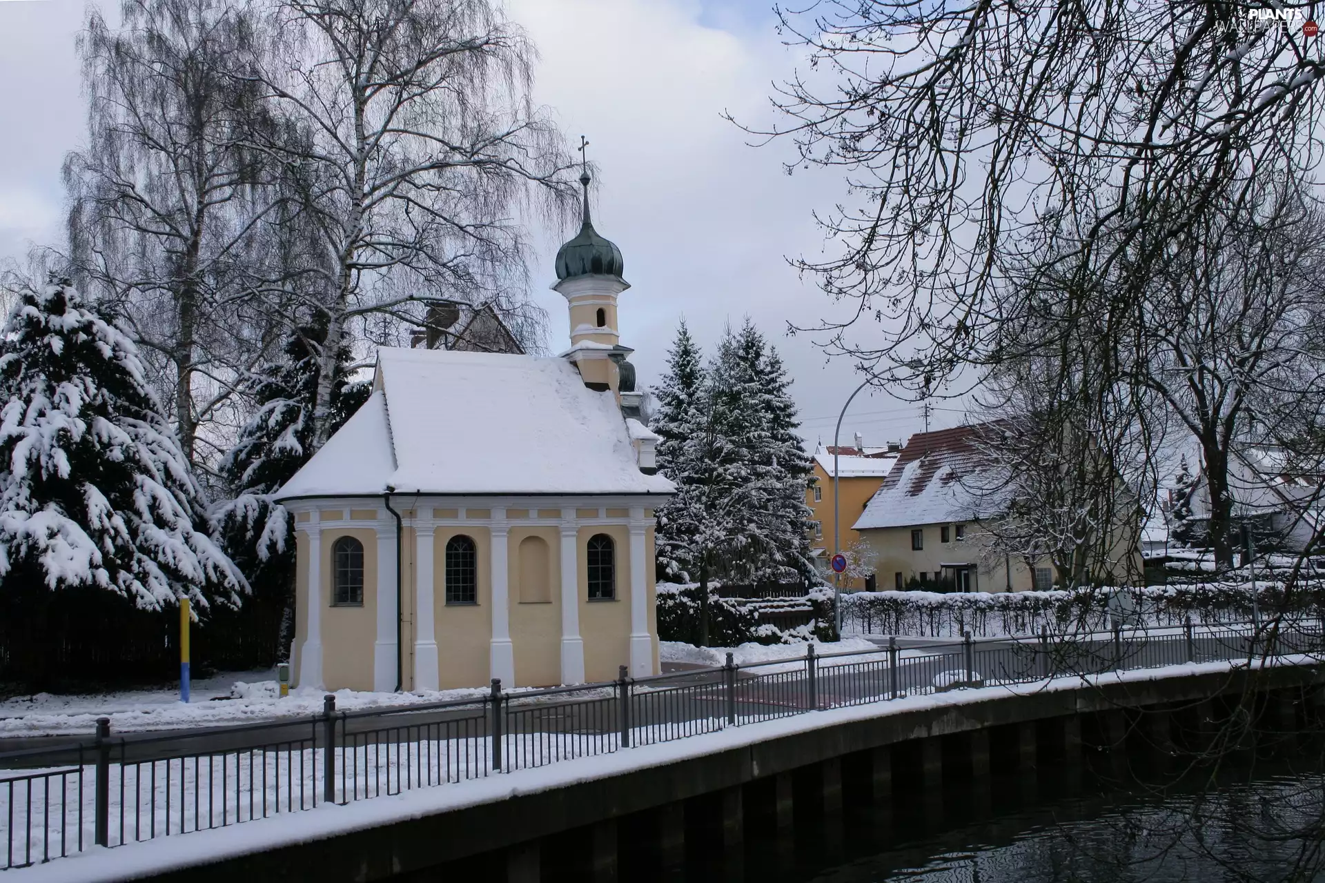 trees, Church, bridge, winter, viewes, chapel