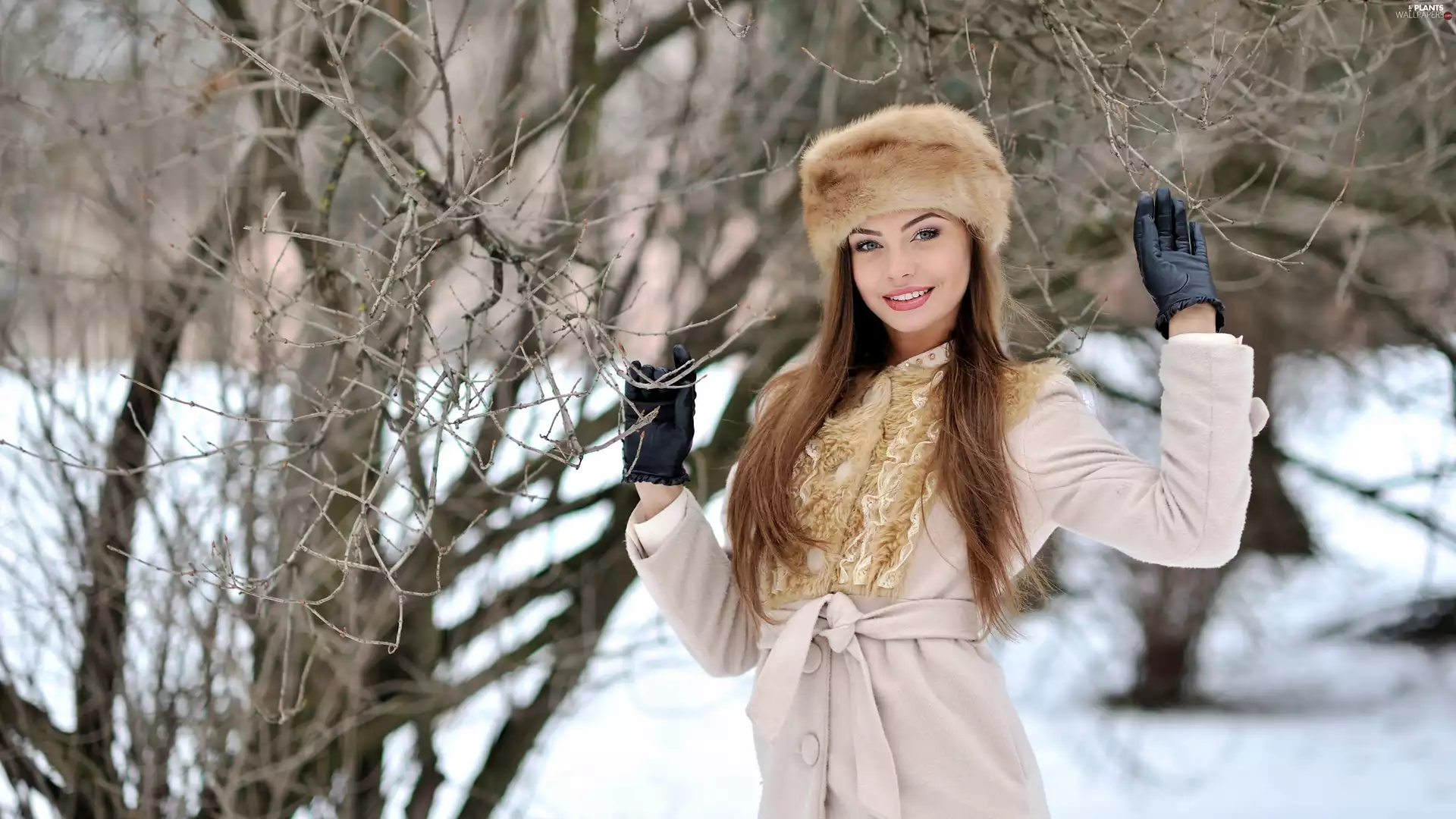 Hat, happy, viewes, winter, trees, girl