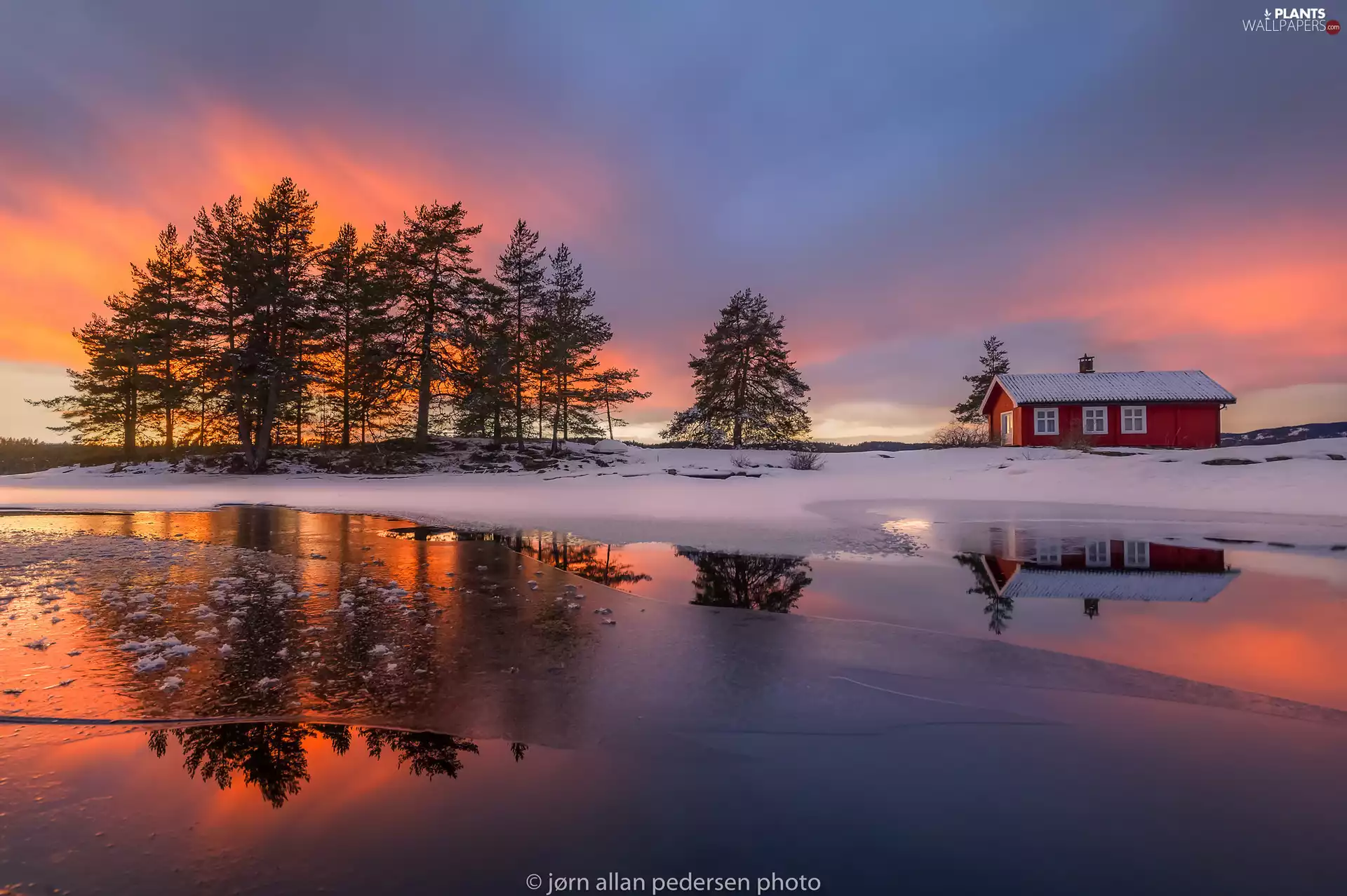 winter, Great Sunsets, house, Vaeleren Lake, viewes, Ringerike, Norway, trees