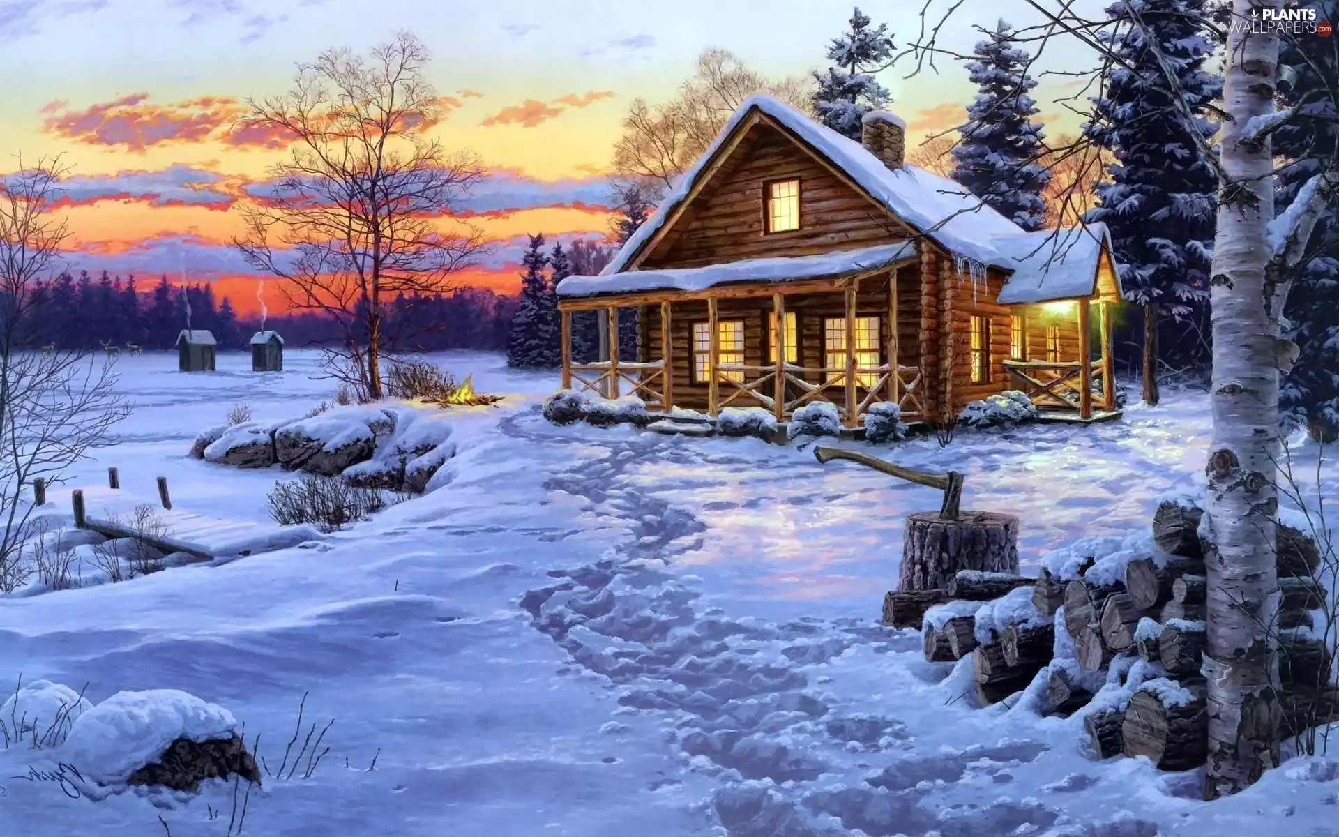 winter, house, ax, fire, stump, picture, painting, birch-tree