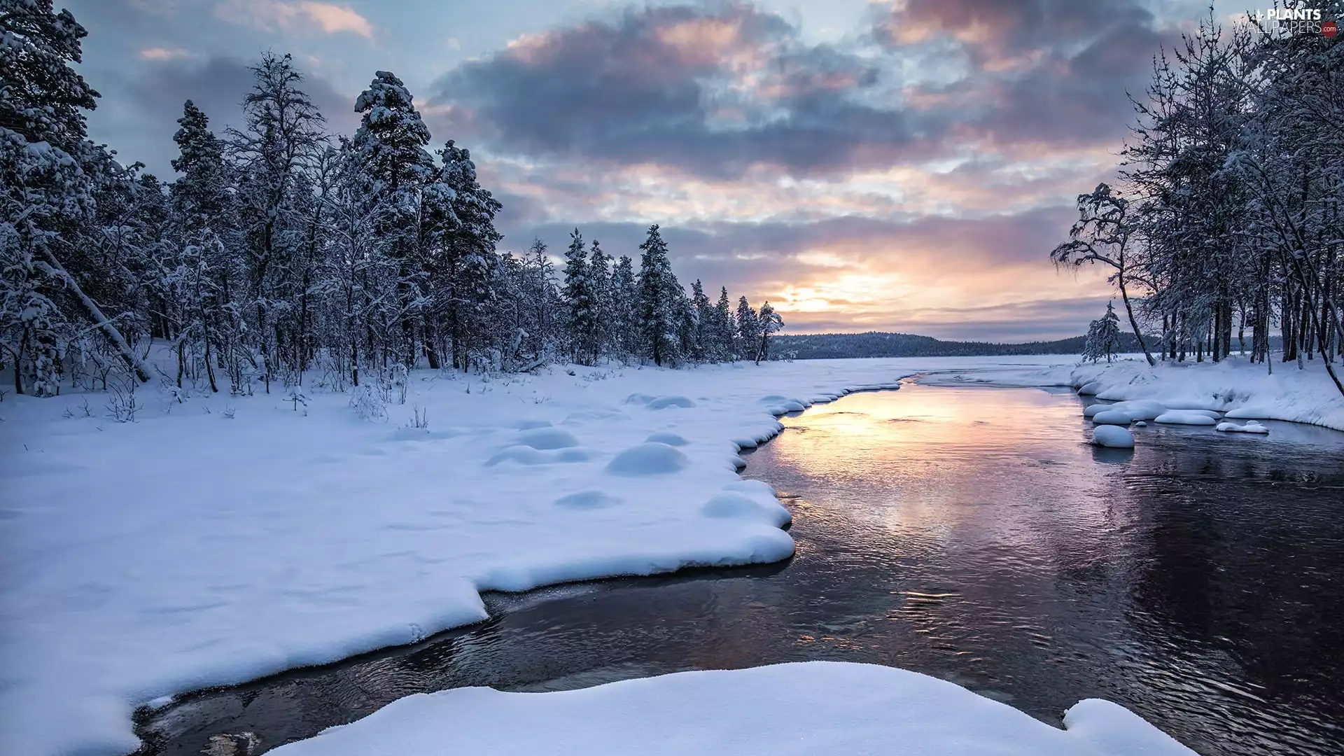 River, clouds, trees, winter, Sunrise, forest, viewes