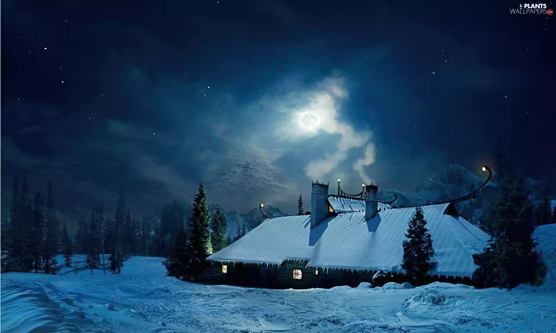 house, winter, trees, viewes, Mountains