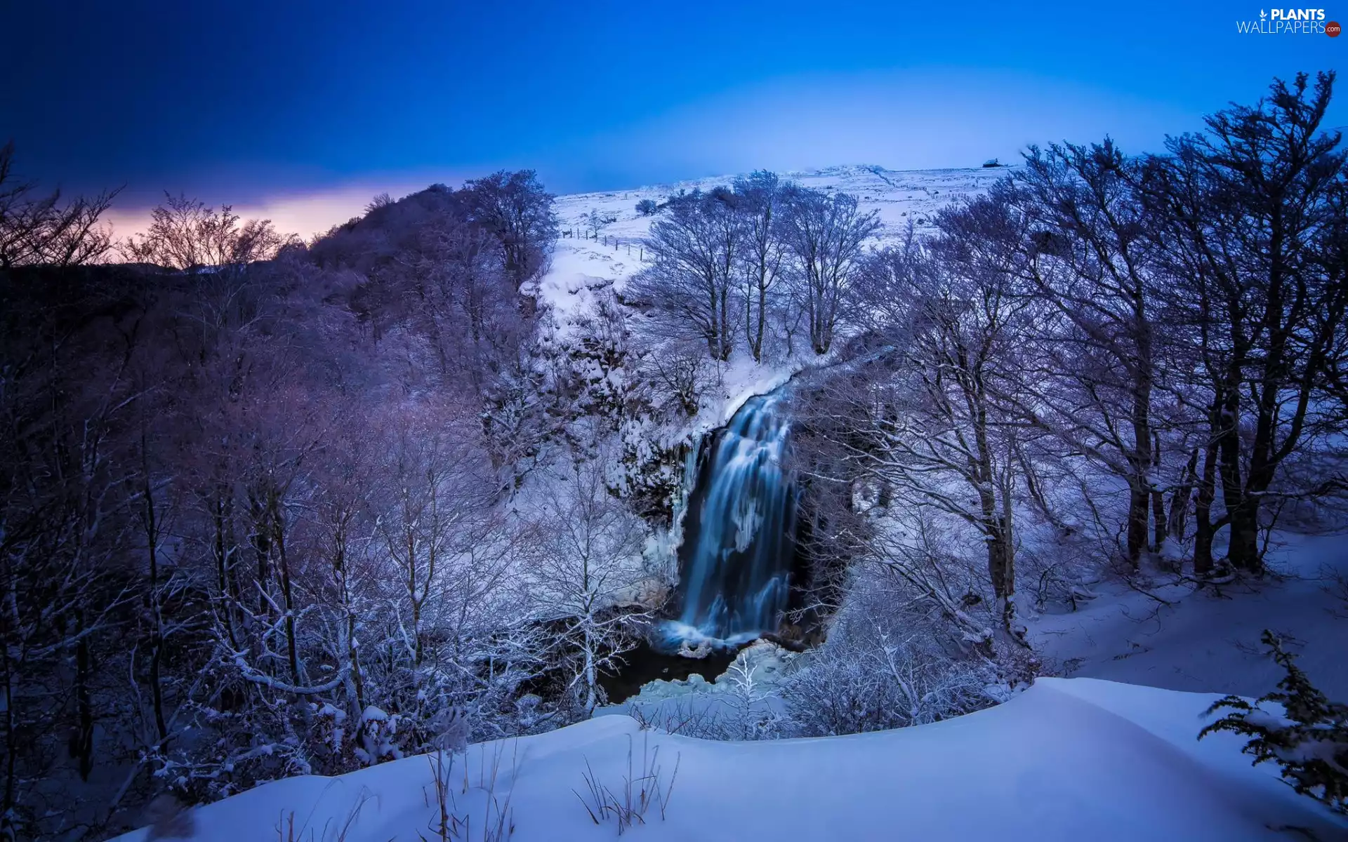 Mountains, winter, trees, viewes, waterfall