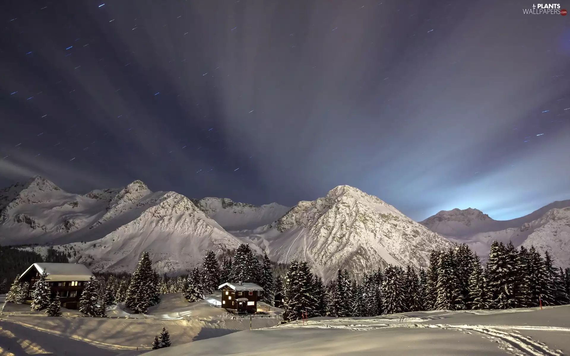 Mountains, trees, Houses, winter, forest, viewes