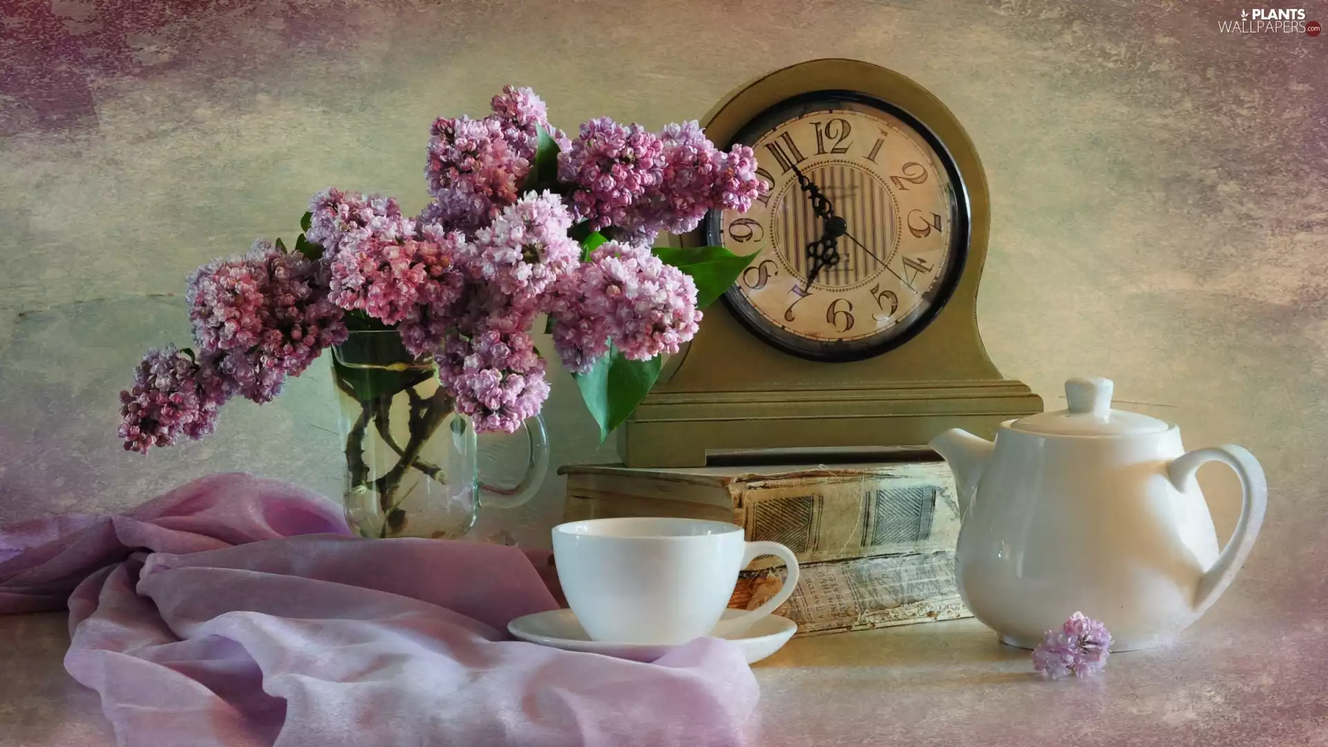 Clock, bouquet, cup, without, composition, Books, teapot