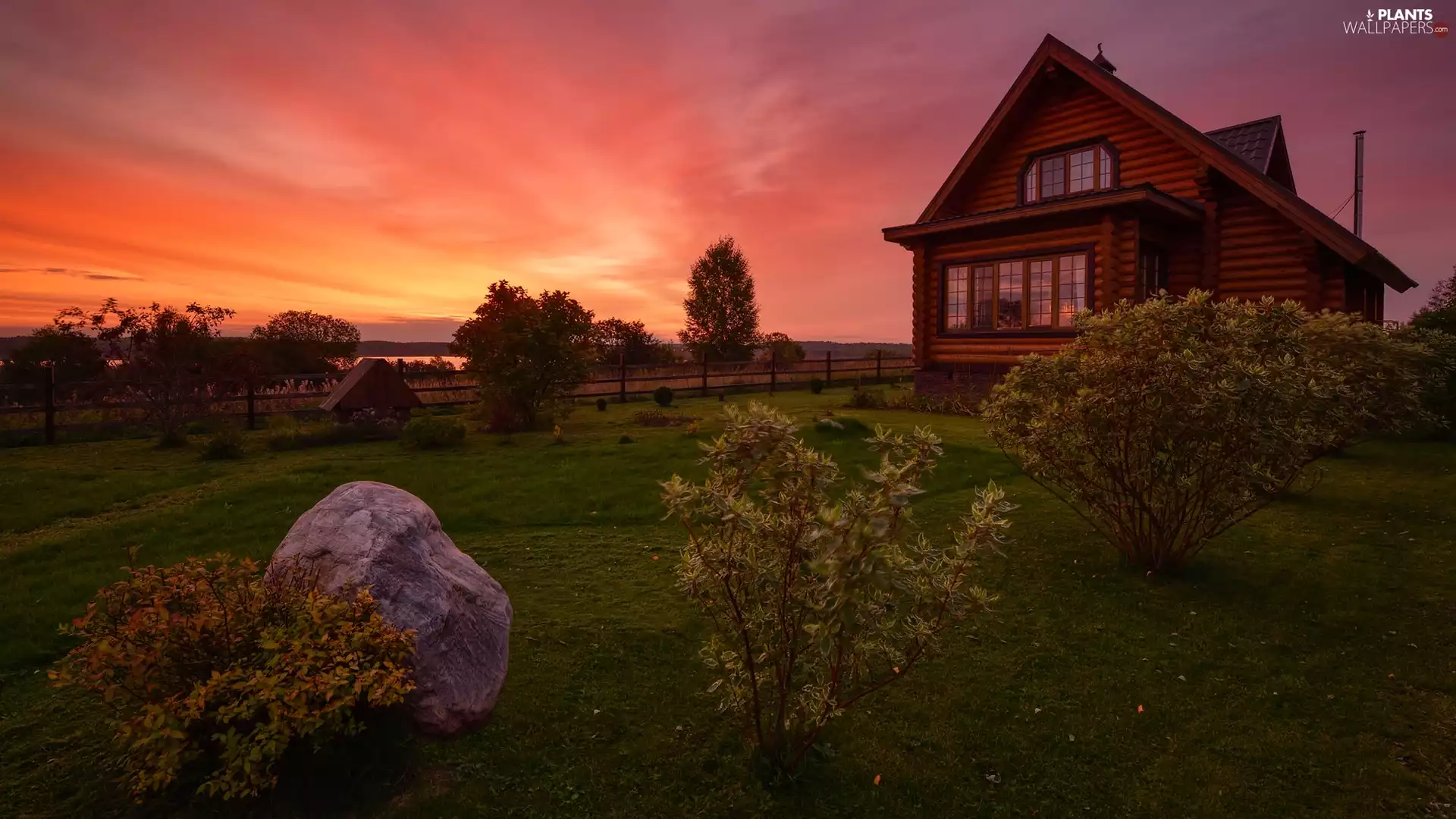 wooden, house, Stone, trees, Bush, Hill, Great Sunsets, viewes
