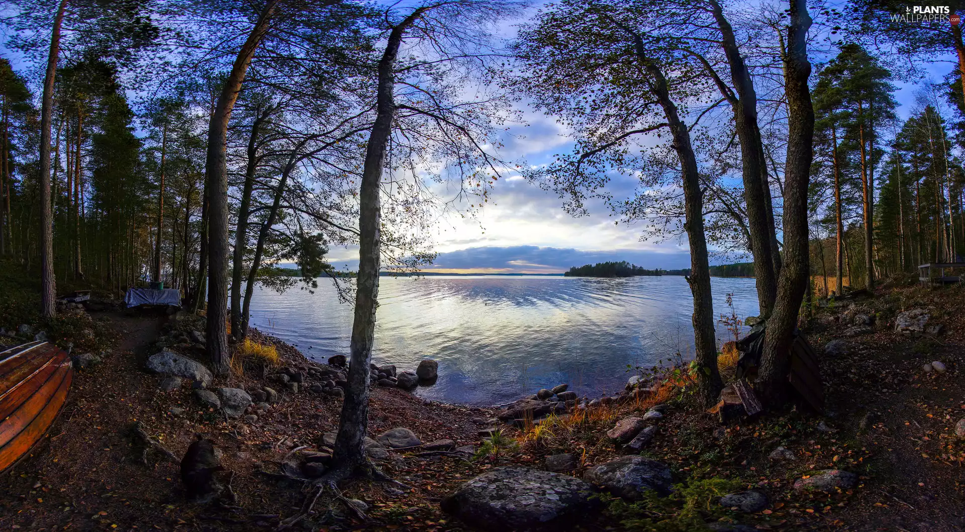 viewes, lake, Stones, woods, Boat, trees