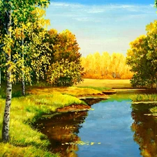 birch, River, autumn