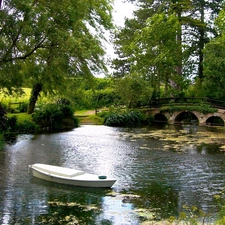trees, Pond, Boat, green, viewes, bridges