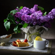 cake, Amaranth, lilac, dishes, bouquet