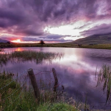 lake, grass, clouds, Mountains