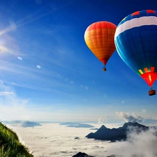 rays, Mountains, color, Balloons, sun, clouds