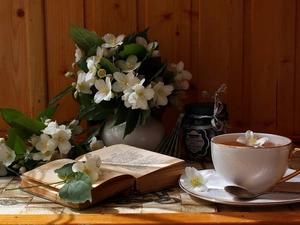 tea, composition, bouquet, cup, jasmine