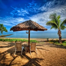 deck chair, holiday, Palms, Umbrella, sea