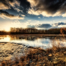 grass, clouds, River