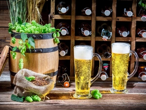 stand, Mugs, barrel, Beer, Two cars, Bottles, hop