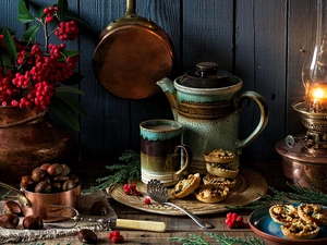 Cookies, Plant, Cup, chestnuts, composition, Oil Lamp, jug