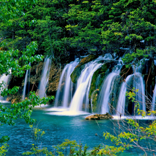 waterfalls, viewes, lake, trees