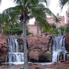 Mini, Palms, lighting, waterfall