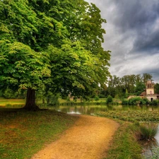 Park, trees, Water lilies, Path, Pond - car, viewes