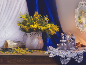 porcelain, jug, Candle, Acacia Dealbata, composition, figures, Mirror