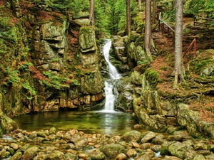 rocks, Giant Mountains, mossy, boulders, waterfall, Cutting