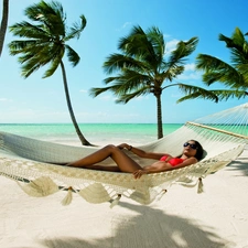 girl, Palms, holiday, Hammock