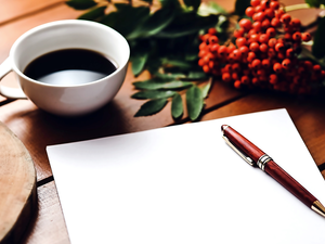 pen, Plant, cup, card, coffee