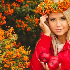 women, viewes, Scarlet firethorn, trees