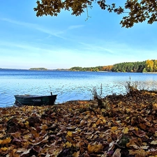 lake, autumn, Sky, maple, Boat, Leaf